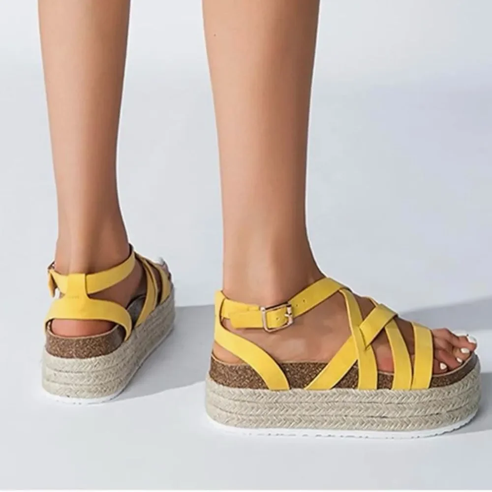 Yellow Strappy Espadrille Wedge Sandals